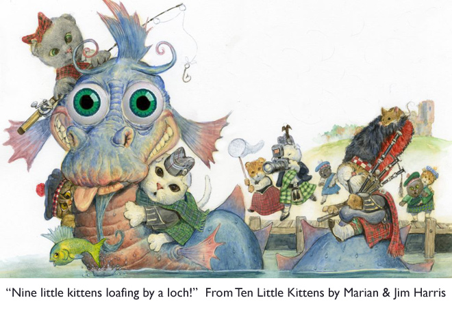 Scottish Fold kittens, with their cute folded-down ears, giving Nessie a hearty welcome. Art from Ten Little Kittens, by Marian & Jim Harris.